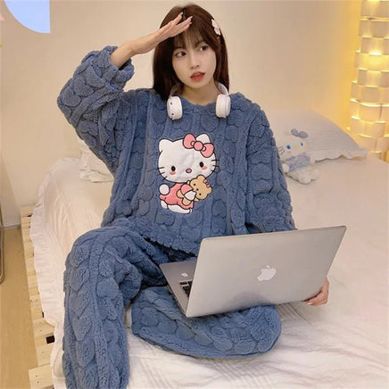 Hello Kitty Pajamas Sanrio Anime Female Thickening Coral Fleece Outerwear Warm Suit - Lusy Store LLC