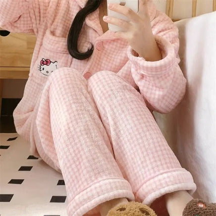 Hello Kitty Pajamas Sanrio Anime Kawaii Cute Cartoon Plush Thickened Nightshirt Set - Lusy Store LLC