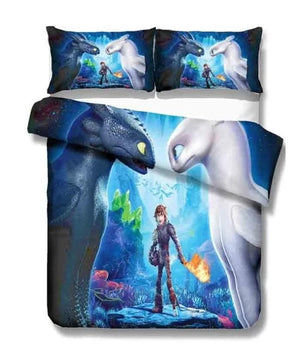HTTYD full size bedding set styled on bed with Hiccup, Toothless, and Light Fury in blue design from Lusy Store