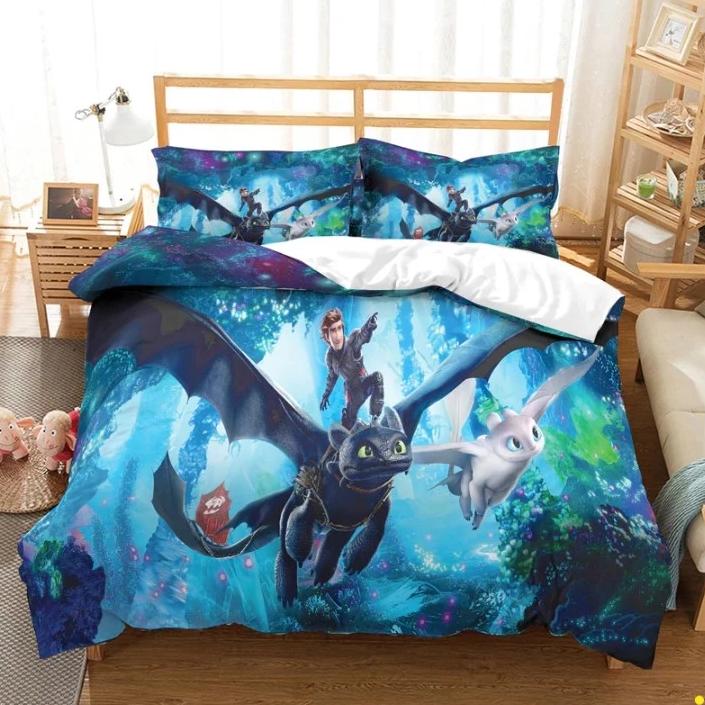 Toothless and Light Fury on How to Train Your Dragon bedding full size with Hiccup in blue design at Lusy Store