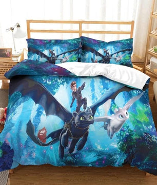 Toothless and Light Fury on How to Train Your Dragon bedding full size with Hiccup in blue design at Lusy Store