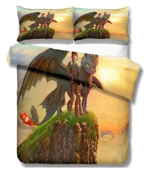 How to Train Your Dragon full size bedding with Hiccup and Toothless on mountain at sunset from Lusy Store