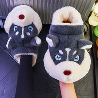 Husky Slippers Cute Plush Couple Man Fluffy Slippers House Shoes Indoor and Outdoor Anti-Slip Dark Grey