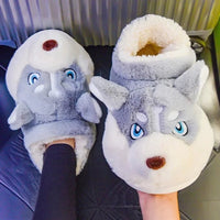 Husky Slippers Cute Plush Couple Man Fluffy Slippers House Shoes Indoor and Outdoor Anti-Slip Grey