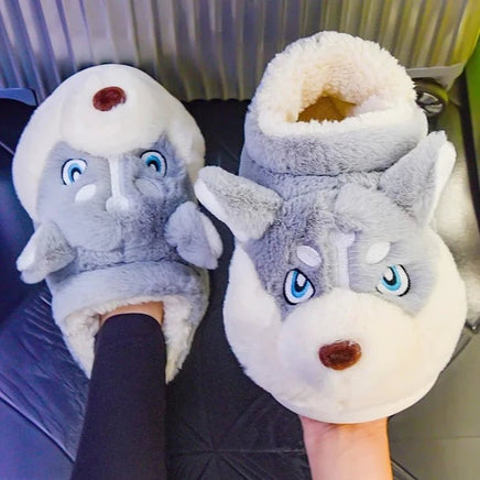 Husky Slippers Cute Plush Couple Man Fluffy Slippers House Shoes Indoor and Outdoor Anti-Slip Grey