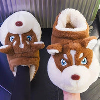 Husky Slippers Cute Plush Couple Man Fluffy Slippers House Shoes Indoor and Outdoor Anti-Slip Brown