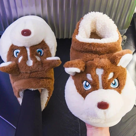 Husky Slippers Cute Plush Couple Man Fluffy Slippers House Shoes Indoor and Outdoor Anti-Slip Brown