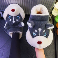 Husky Slippers Cute Plush Couple Man Fluffy Slippers House Shoes Indoor and Outdoor Anti-Slip