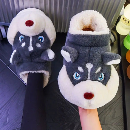 Husky Slippers Cute Plush Couple Man Fluffy Slippers House Shoes Indoor and Outdoor Anti-Slip
