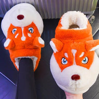 Husky Slippers Cute Plush Couple Man Fluffy Slippers House Shoes Indoor and Outdoor Anti-Slip Red