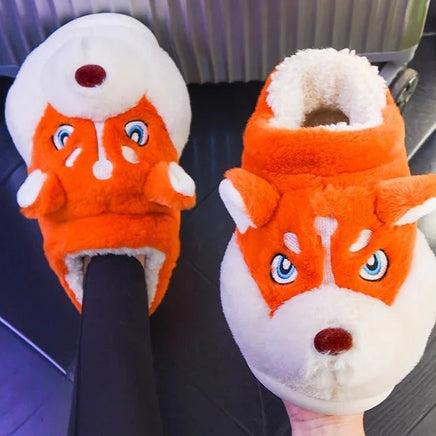 Husky Slippers Cute Plush Couple Man Fluffy Slippers House Shoes Indoor and Outdoor Anti-Slip Red