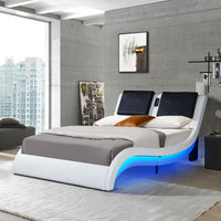 King Bed Faux Leather Upholstered Platform Bed Frame With LED Lighting Bluetooth Connection F394 White King
