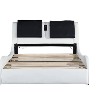 King Bed Faux Leather Upholstered Platform Bed Frame With LED Lighting Bluetooth Connection F394 - Lusy Store
