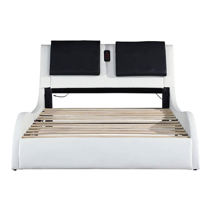 King Bed Faux Leather Upholstered Platform Bed Frame With LED Lighting Bluetooth Connection F394