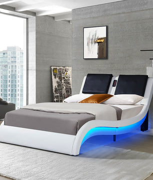King Bed Faux Leather Upholstered Platform Bed Frame With LED Lighting Bluetooth Connection F394 - Lusy Store
