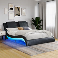 King Bed Faux Leather Upholstered Platform Bed Frame With LED Lighting Bluetooth Connection F394 Black King