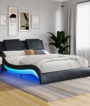 King Bed Faux Leather Upholstered Platform Bed Frame With LED Lighting Bluetooth Connection F394 - Lusy Store