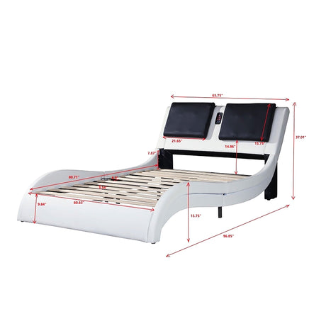 King Bed Faux Leather Upholstered Platform Bed Frame With LED Lighting Bluetooth Connection F394