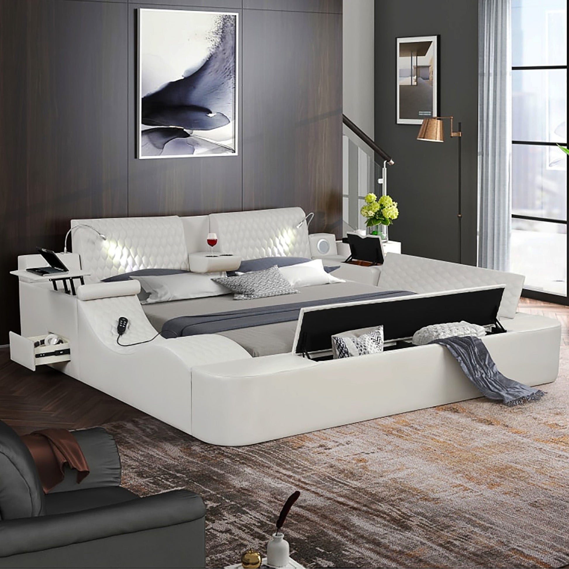 King Bed Multifunctional Big Size Black Wood Smart Bed With Storage Box F393 - Lusy Store