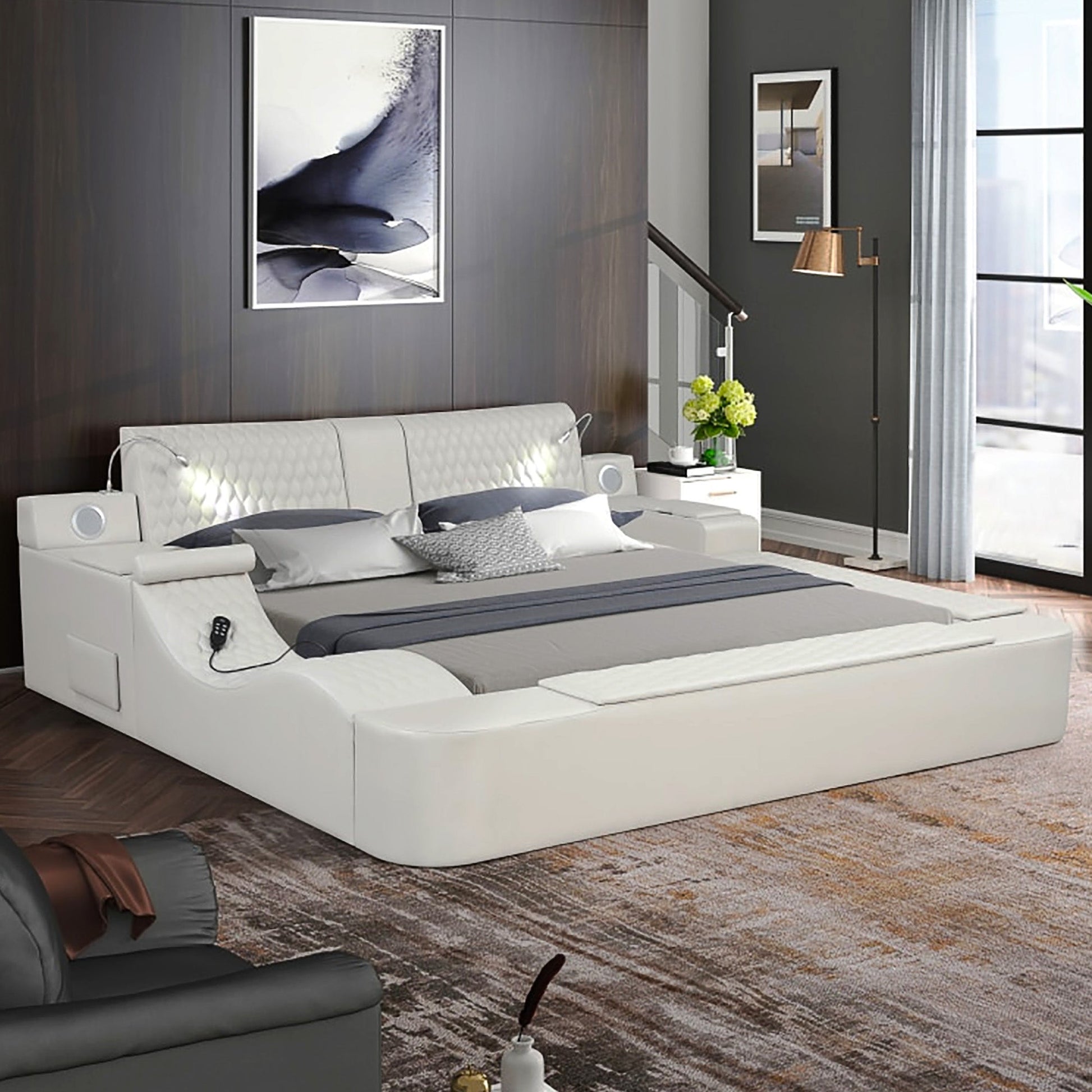 King Bed Multifunctional Big Size Black Wood Smart Bed With Storage Box F393 - Lusy Store