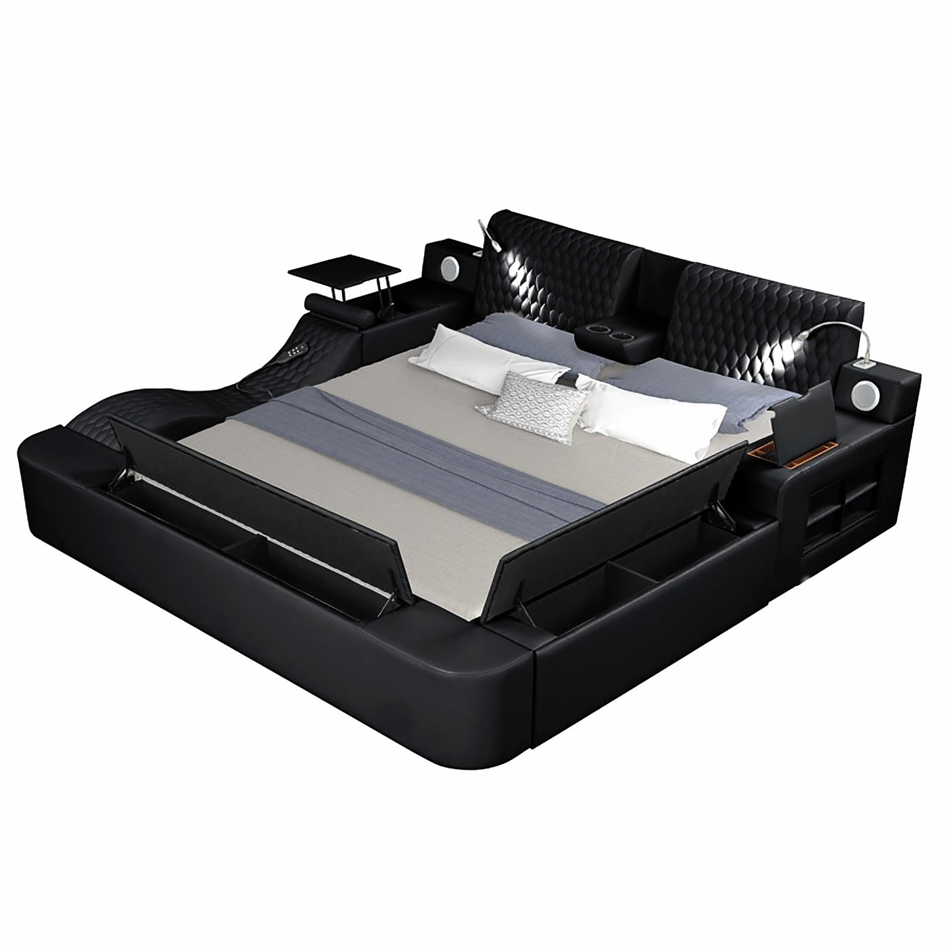 King Bed Multifunctional Big Size Black Wood Smart Bed With Storage Box F393 - Lusy Store