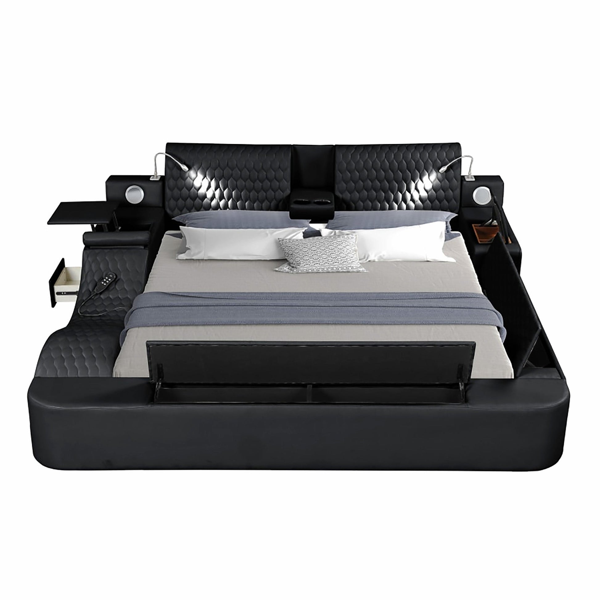 King Bed Multifunctional Big Size Black Wood Smart Bed With Storage Box F393 - Lusy Store