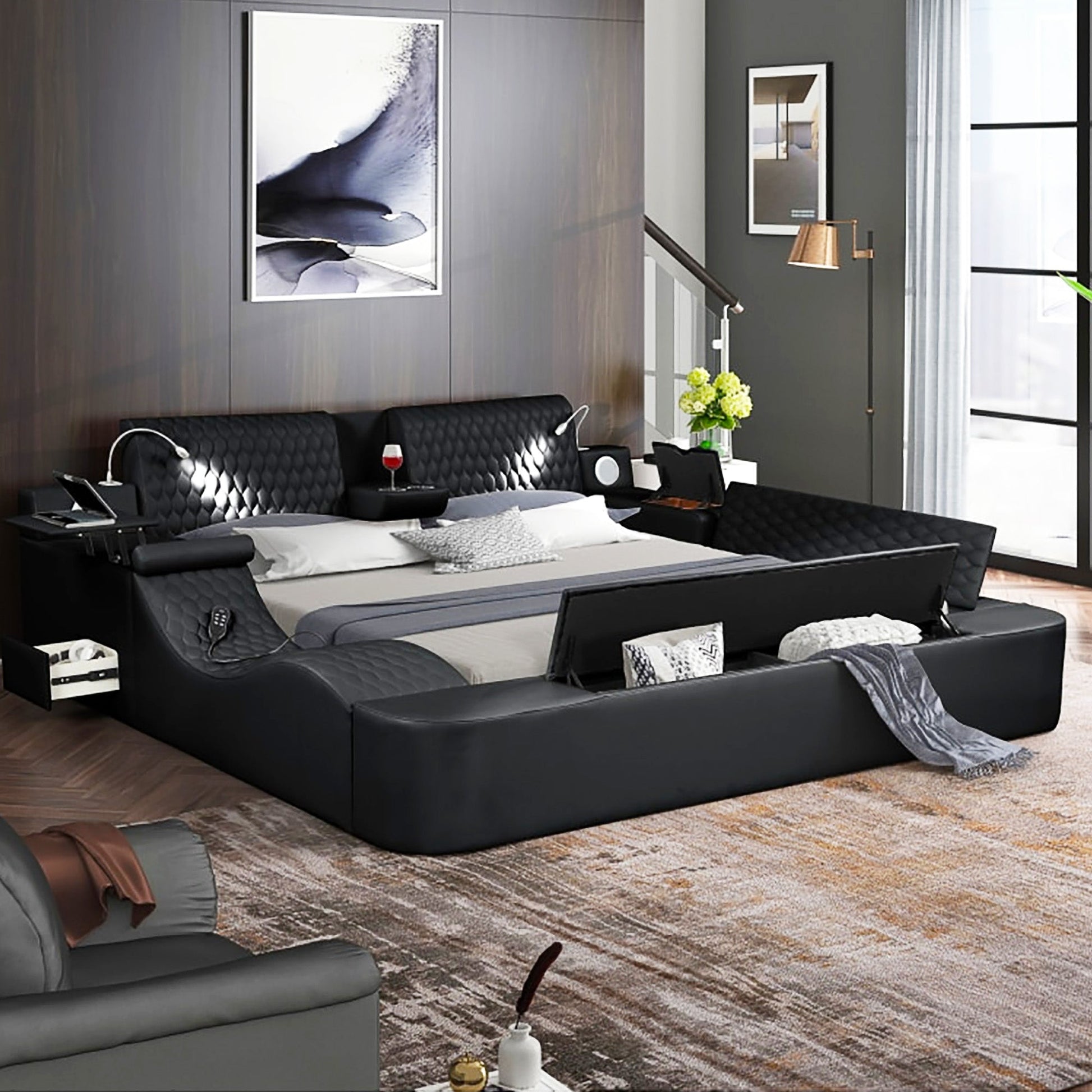 King Bed Multifunctional Big Size Black Wood Smart Bed With Storage Box F393 - Lusy Store