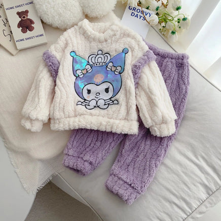 Kuromi Pajamas Flannel Velvet Thicken Tracksuit Plus Cartoon Childrens Clothing Keep Warm Suit - Lusy Store LLC
