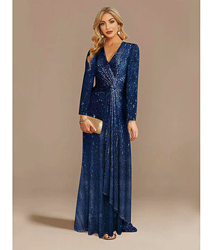 Long Sleeve Prom Dresses Luxury Long Sleeve V-Neck Wedding Sequins Cocktail Dresses D412 - Lusy Store