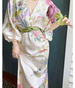 Long Sleeve Prom Dresses Temperament Retro Elegant V Neck Long Sleeve Sashes Maxi Dresses D415 - Lusy Store