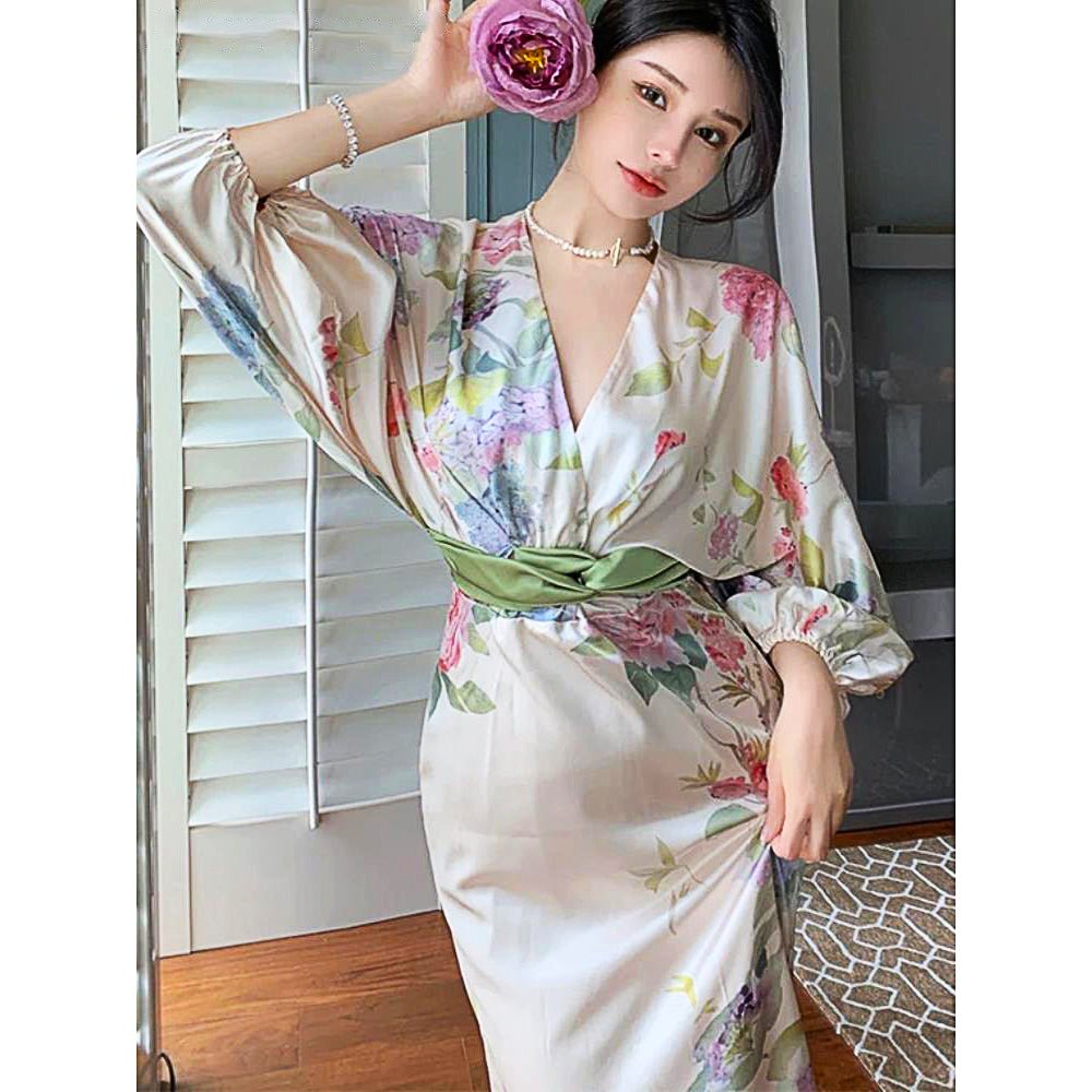 Long Sleeve Prom Dresses Temperament Retro Elegant V Neck Long Sleeve Sashes Maxi Dresses D415 - Lusy Store