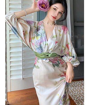 Long Sleeve Prom Dresses Temperament Retro Elegant V Neck Long Sleeve Sashes Maxi Dresses D415 - Lusy Store
