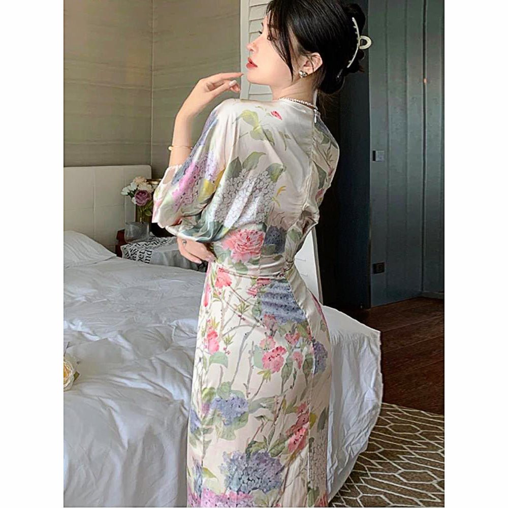 Long Sleeve Prom Dresses Temperament Retro Elegant V Neck Long Sleeve Sashes Maxi Dresses D415 - Lusy Store