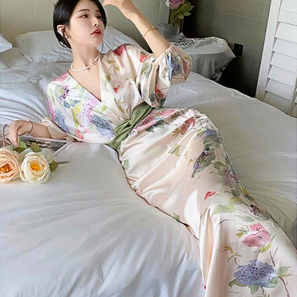 Long Sleeve Prom Dresses Temperament Retro Elegant V Neck Long Sleeve Sashes Maxi Dresses D415 - Lusy Store