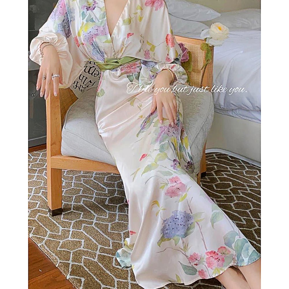 Long Sleeve Prom Dresses Temperament Retro Elegant V Neck Long Sleeve Sashes Maxi Dresses D415 - Lusy Store