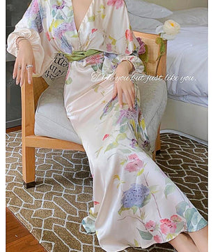 Long Sleeve Prom Dresses Temperament Retro Elegant V Neck Long Sleeve Sashes Maxi Dresses D415 - Lusy Store