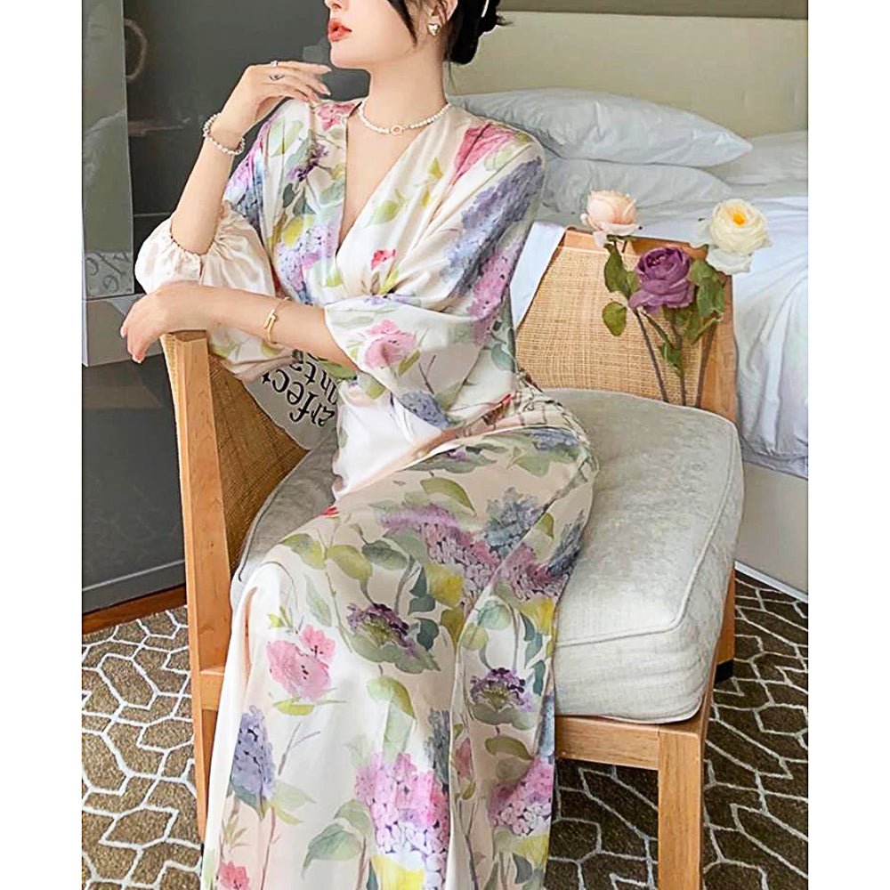 Long Sleeve Prom Dresses Temperament Retro Elegant V Neck Long Sleeve Sashes Maxi Dresses D415 - Lusy Store