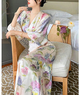 Long Sleeve Prom Dresses Temperament Retro Elegant V Neck Long Sleeve Sashes Maxi Dresses D415 - Lusy Store