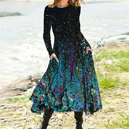 Long Sleeve Prom Dresses Vintage Boho Gradient Long Dress Elegant High Waist Pocket Long Sleeve D410 Blue