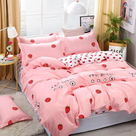 Love Strawberry Pink Pattern Bedding Sets Duvet Cover Bed Sheet Bed Linings Kids Bedding Sets - Lusy Store