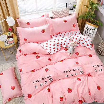 Love Strawberry Pink Pattern Bedding Sets Duvet Cover Bed Sheet Bed Linings Kids Bedding Sets - Lusy Store