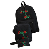 Luxury 3 PCS/SET Canvas Backpack Cute High Quality Women Rose Embroidery Backpacks Black United States