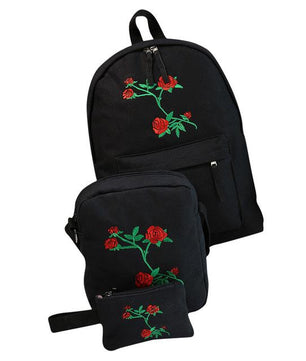 Luxury 3 PCS/SET Canvas Backpack Cute High Quality Women Rose Embroidery Backpacks - Lusy Store