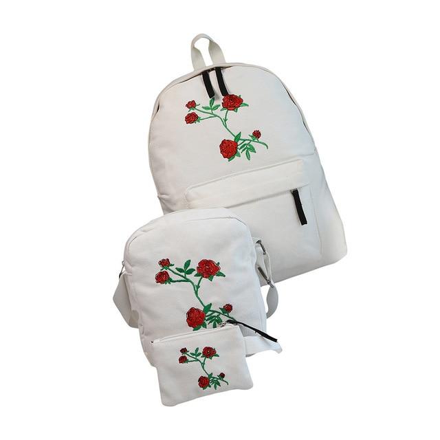 Luxury 3 PCS/SET Canvas Backpack Cute High Quality Women Rose Embroidery Backpacks - Lusy Store