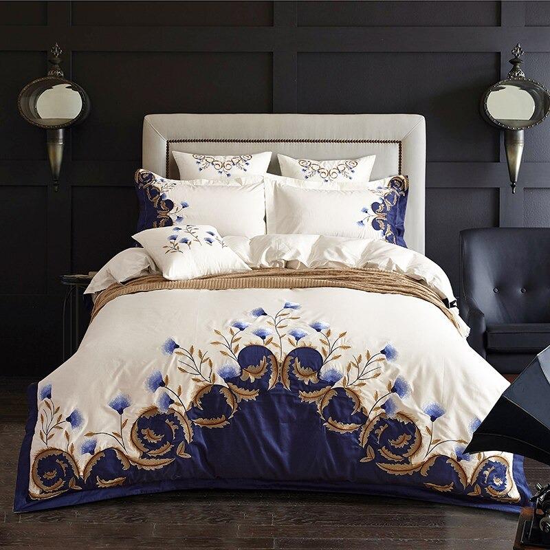 Luxury Embroidery Egyptian Cotton Blue Bedding Set Queen King Size Duvet  Cover