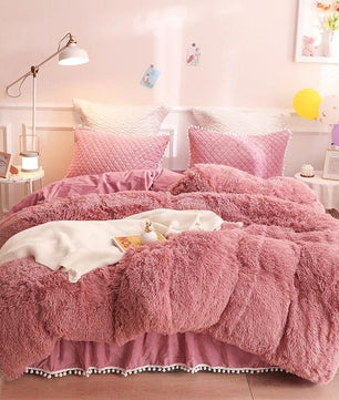 Luxury Bedding Sets Plush Shaggy Pompoms Fringe Ruffles Twin Full Queen King Size - Lusy Store
