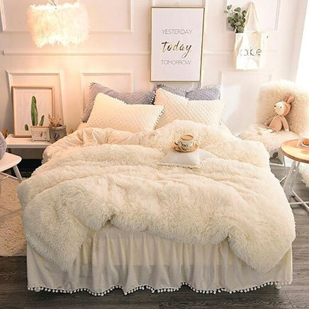 Luxury Bedding Sets Plush Shaggy Pompoms Fringe Ruffles Twin Full Queen King Size - Lusy Store