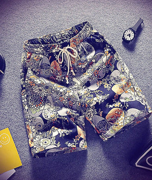 Mens Beach Pants Casual Beach Floral Shorts Straight Cotton Linen Bermuda Hawaiian Short Pants D396 - Lusy Store