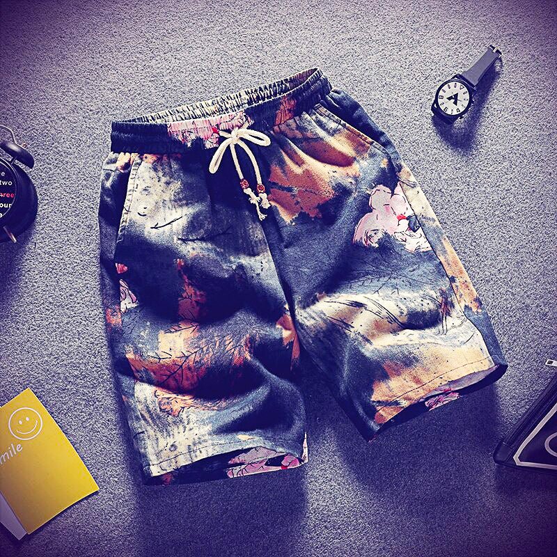 Mens Beach Pants Casual Beach Floral Shorts Straight Cotton Linen Bermuda Hawaiian Short Pants D396 - Lusy Store