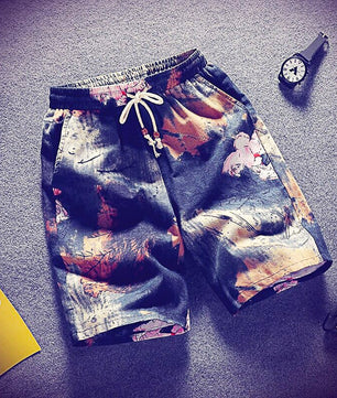 Mens Beach Pants Casual Beach Floral Shorts Straight Cotton Linen Bermuda Hawaiian Short Pants D396 - Lusy Store